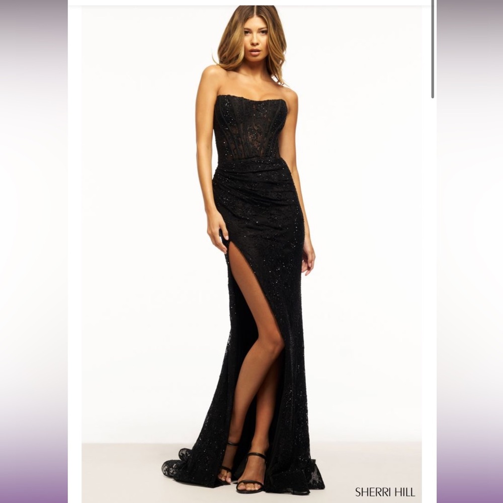 Sherri Hill #56953 black formal prom gown worn once, added a bustle size 6